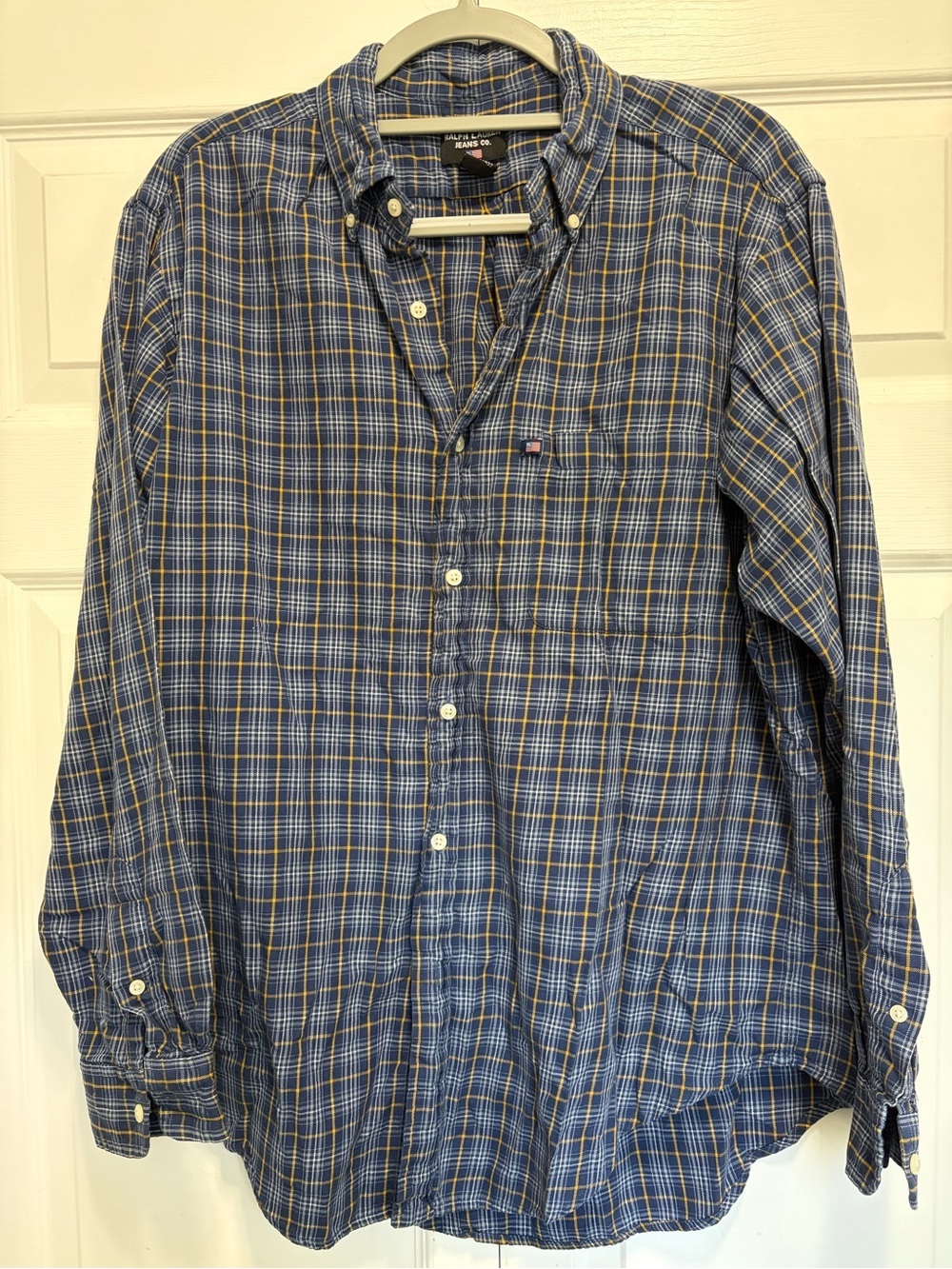 Vtg Polo Ralph Lauren Jeans Co Blue and Yellow Plaid Button-Down Shirt vintage M